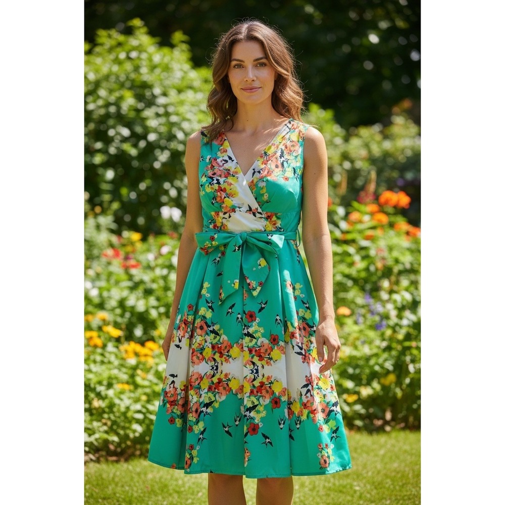 Dressbarn Dress Sz 10 Empire Green Floral Birds Sleeveless Wedding Event Guest